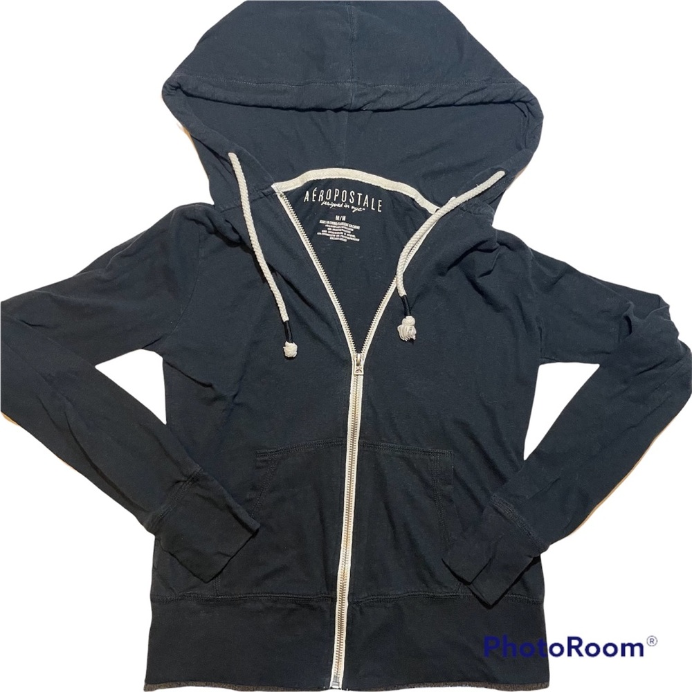 Aéropostale Black Lightweight Juniors Zip-Up Sweatshirt with Drawstrings Hoodie